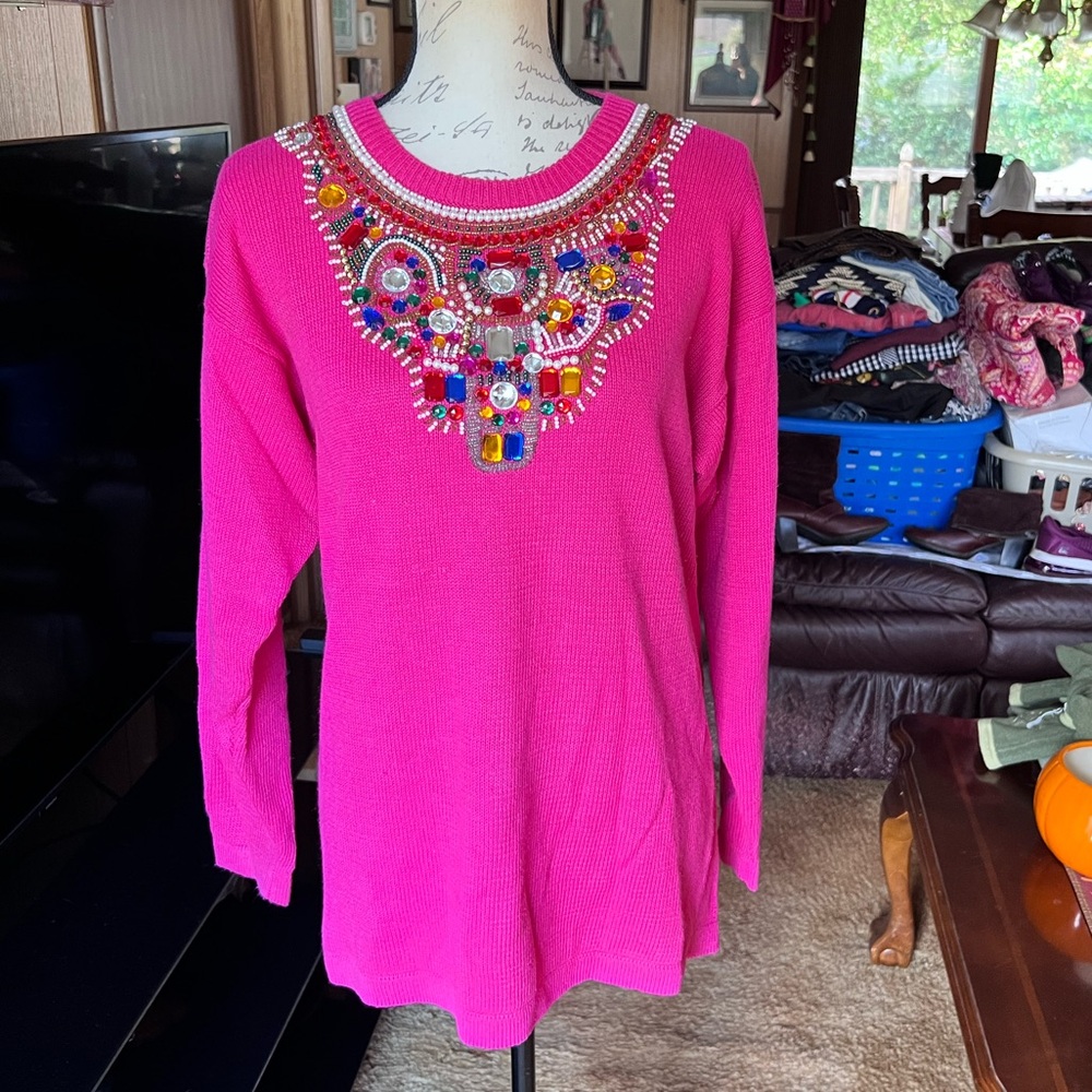 Vintage 1980s Bright Pink Bedazzled Sweater with Colorful Gem Toned Faceted Bead